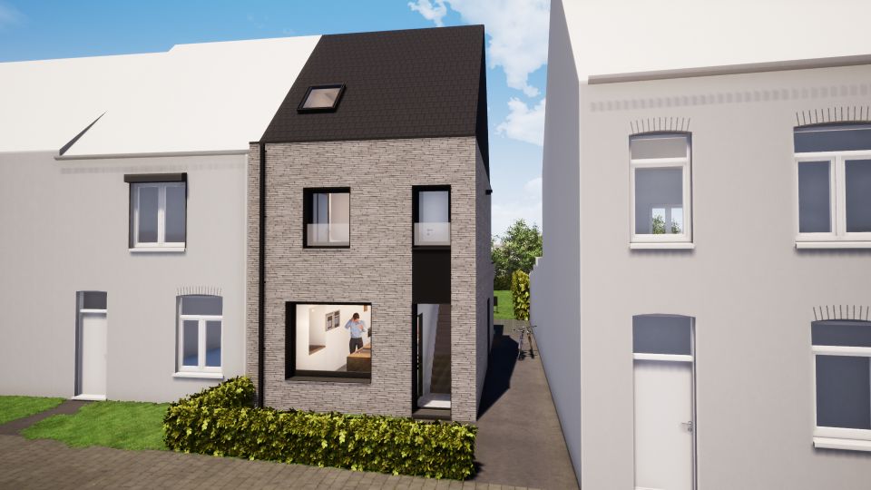 3D-voorstelling van een kleine moderne half-open gerenoveerde woning, realisatie van Plan Architectenbureau Brugge